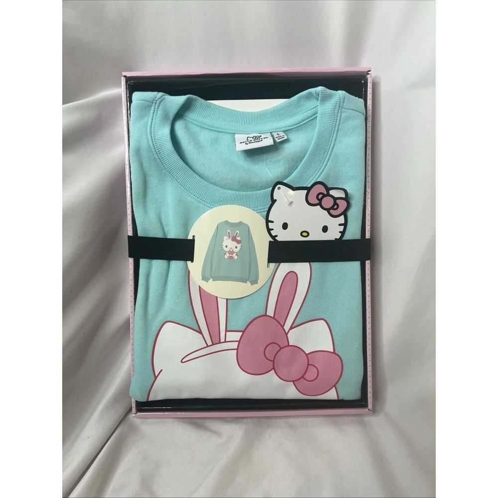 Hello Kitty Sanrio Womens L Lt Blue Pullover‎ Sweatshirt In Gift Box Bunny NEW